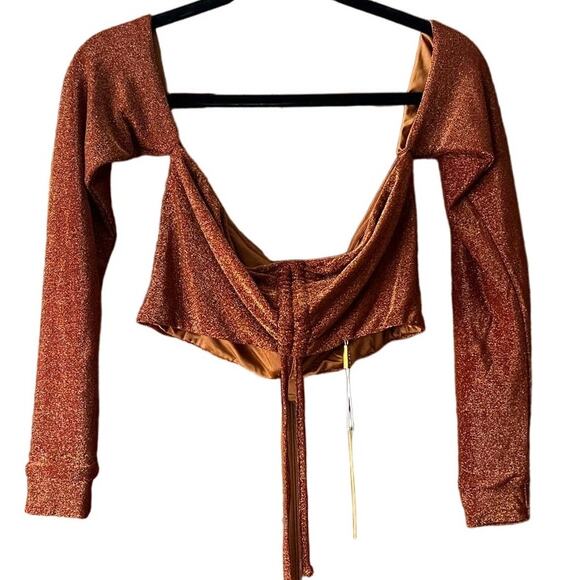 NWT Meshki Women's Rose Ruched Front Off The Shoulder Top Shimmer Orange Size M - Picture 1 of 11